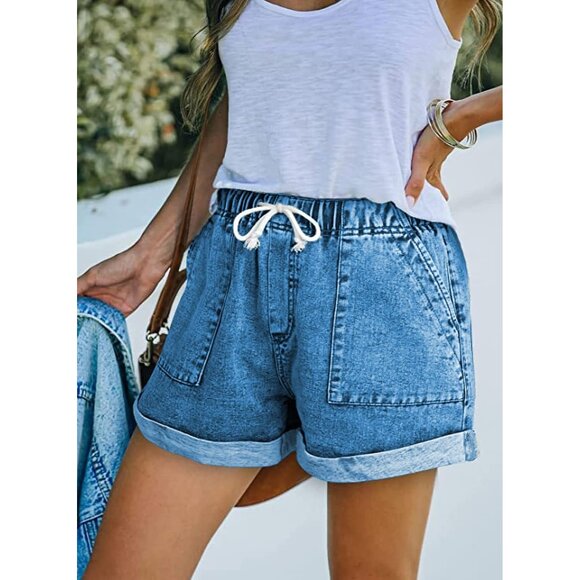 Women Casual Shorts Cotton Spandex High Rise Pockets Summer Pull-On 80 character - Picture 2 of 3